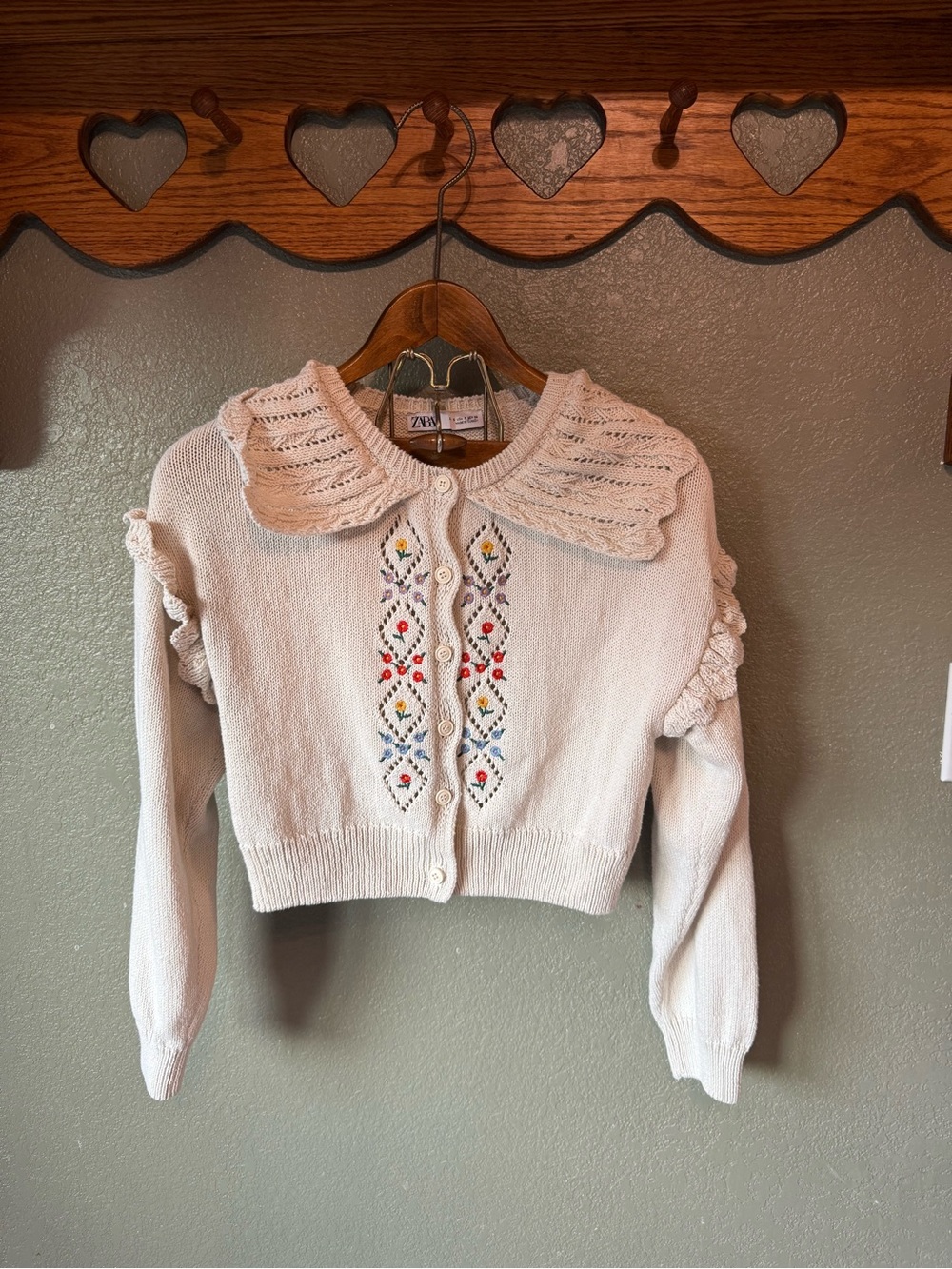 Zara Cream Embroidered Cropped Cardigan with Scalloped Collar